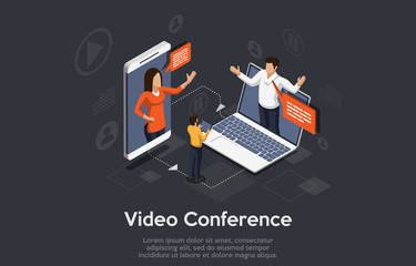 Poster - Isometric video conference banner. 2 Men and a woman on the phone and notebook holds a video conference. People listen to the lecturer.