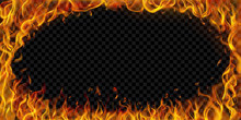 Translucent Elliptical Frame Made Of Fire Flames And Sparks On Transparent Background. For Used On Dark Illustrations. Transparency Only In Vector Format