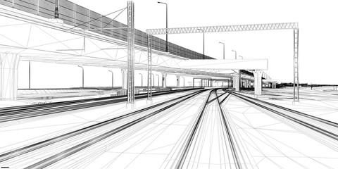Wall Mural - the bim model of the railway infrastructure of wireframe view