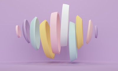 Poster - Lilac abstract background with colored flying figures. Backdrop design for product promotion. 3d rendering