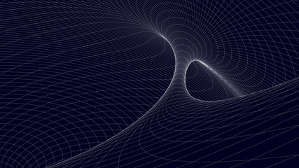 Poster - Vortex. Vector perspective curved grid. Wireframe abstract tunnel. 3D vector wormhole with a mesh structure.