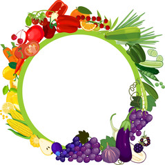 Wall Mural - Big set of different ripe fruits and vegetables in all colors of rainbow. Vegetables and fruits round frame