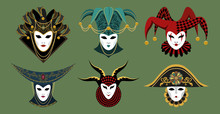 Set Of Carnival Masks. Traditional Venetian Masks In Hats, Decorated With A Pattern, Ornament, Beads, Flowers, Collars, Frills. Vector Image On A Green Background.