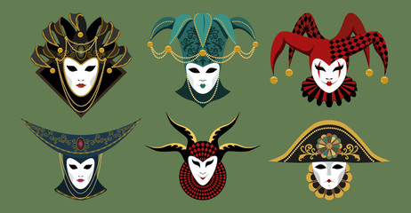 Sticker - Set of carnival masks. Traditional Venetian masks in hats, decorated with a pattern, ornament, beads, flowers, collars, frills. Vector image on a green background.