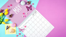 On-trend 2020 Calendar Page For The Month Of May Modern Flat Lay With Seasonal Food, Candy And Colorful Decorations In Popular Pastel Colors. Copy Space. One Of A Series For 12 Months Of The Year.