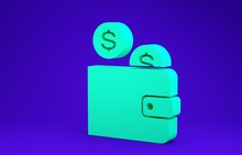 Green Wallet With Coin Icon Isolated On Blue Background. Money Wallet. Coin Dollar Symbol. Minimalism Concept. 3d Illustration 3D Render