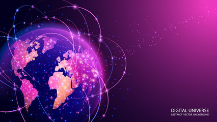 Poster - Violet vector background. Planet Earth from space. Flickering lights of cities. Map of the mainland. Global communications system and the World Wide Web. Technologies and communications. Globalization