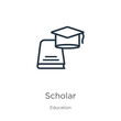 Scholar icon. Thin linear scholar outline icon isolated on white background from education collection. Line vector scholar sign, symbol for web and mobile