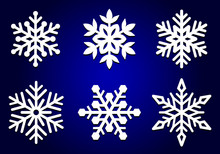 Set Of Laser Cutting Openwork Snowflakes. Vector Silhouette Of Christmas Decoration. Template For Paper Isolated On Blue Background. Stencil For Scrapbooking, Carved Wood.