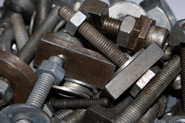 Collection of Old Bolt, Screws, Nuts Engineering Metal Tools on White Background