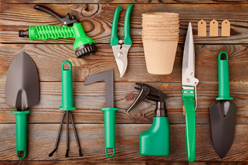 Canvas Print - Gardening tools on wooden background flat lay top view