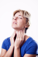 Woman feels throat pain isolated. People, healthcare and medicine concept