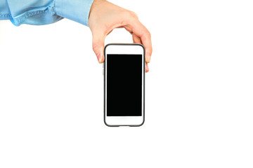 Sticker - Phone in hand on a white background. A man holds a phone with a blank display in his hand. The concept of supplementing content, providing information.