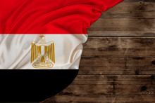 Color National Flag Of Modern State Of Egypt, Beautiful Silk, Old Wood Background, Concept Of Tourism, Economy, Politics, Emigration, Independence Day, Copy Space, Template, Horizontal