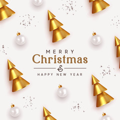 Merry Christmas and Happy New Year background. Golden Christmas tree, metallic 3d cone shapes, Realistic White glass baubles balls, silver confetti. Xmas holiday pattern decorations.