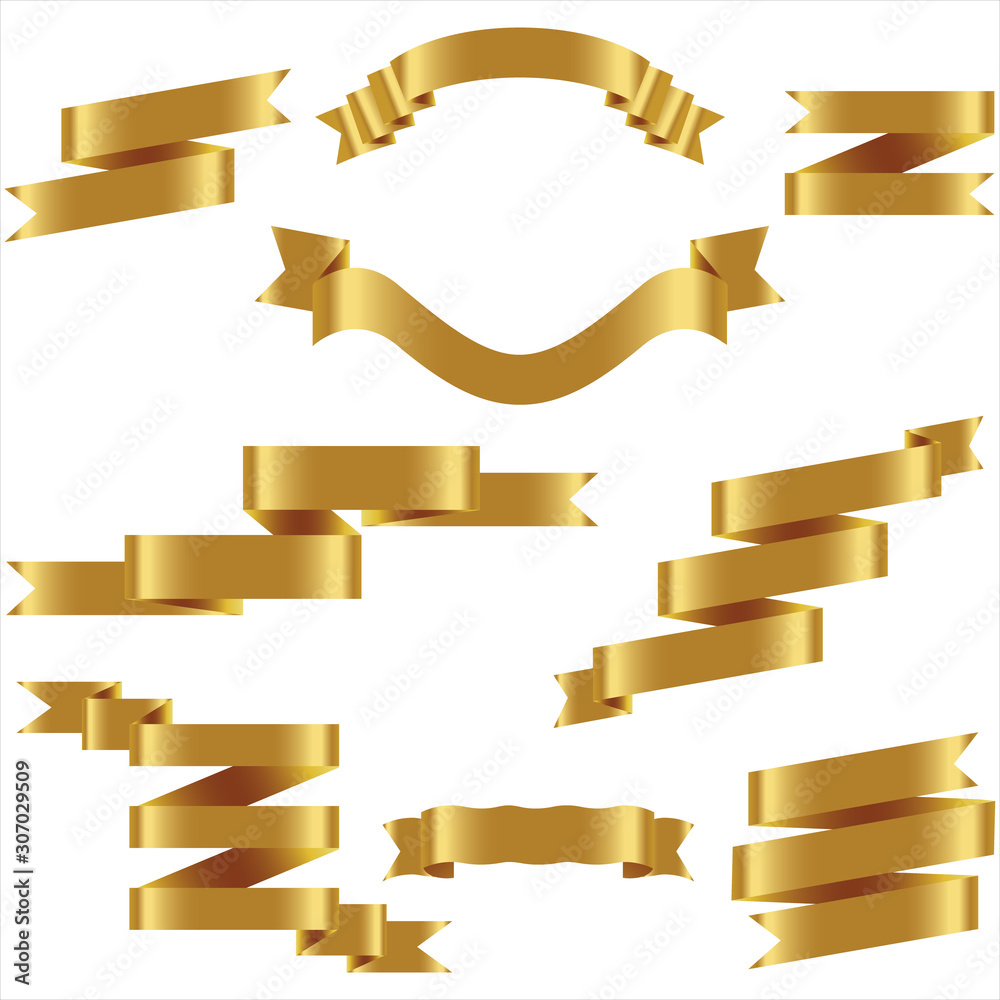 GOLD Ribbon Set In Isolated For Celebration And Winner Award Banner ...