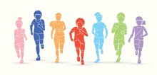 Group Of Children Running Together Cartoon Graphic Vector