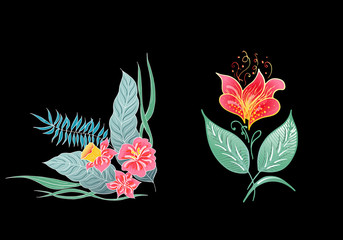 Set of two summer colorful tropical flowers. Floral botanical flower set isolated on black background. Hand drawn vector collection. Botanical Hawaii nature. Tropical palm icon. Hawaiian illustration