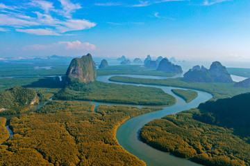 Wall Mural - Top View Tropical Island , Aerial view island green forest at Phang Nga Bay.