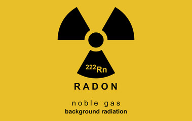 Wall Mural - Radioactivity logo on yellow. Poster, danger. Radon,a contaminant that affects indoor air quality worldwide. Illustration to background radiation. Radioactive, colorless, odorless, tasteless noble gas