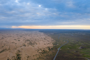 aerial view of desertification land at dusk