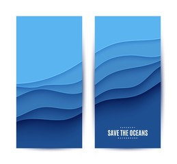 Wall Mural - Two abstract vertical flyer collection in cut paper style. Set of cutout blue sea wave template for for save the Earth posters, World Water Day, eco brochures. Vector water applique card illustration.