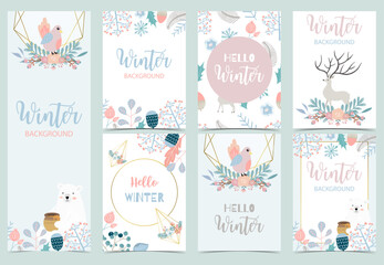 Wall Mural - Collection of winter background set with reindeer,bird,flower,leaves.Editable vector illustration for birthday invitation,postcard and website banner