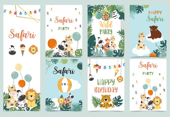 Wall Mural - Collection of safari background set with giraffe,balloon,zebra,leopard.Vector illustration for birthday invitation,postcard and sticker.Wording include wild and free.Editable element