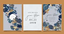 Navy Blue Luxury Wedding Invitation, Floral Invite Thank You, Rsvp Modern Card Design In Gold Flower With  Leaf Greenery  Branches Decorative Vector Elegant Rustic Template