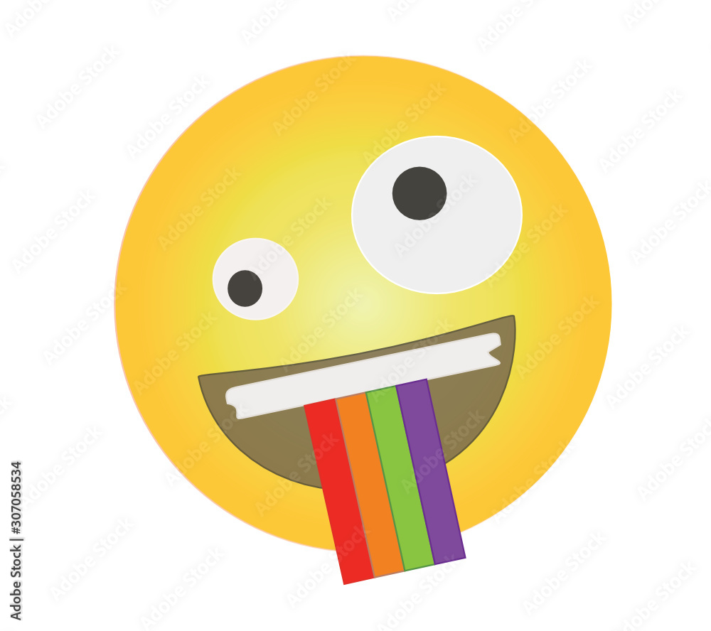 Crazy emoji with rainbow tongue sticking out. Yellow face emoticon with  crazy eyes, a big grin showing teeth and playfully sticking out its rainbow  colored tongue.. Stock Vector | Adobe Stock, image size:1000x888