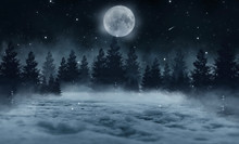 Dark Abstract Winter Forest Background. Wooden Floor, Snow, Fog. Dark Night Background In The Forest With Moonlight. Night View, Magic