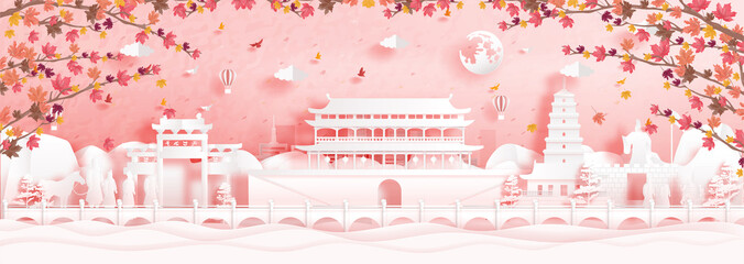 Fototapete - Autumn in Xian , China with falling maple leaves and world famous landmarks in paper cut style vector illustration