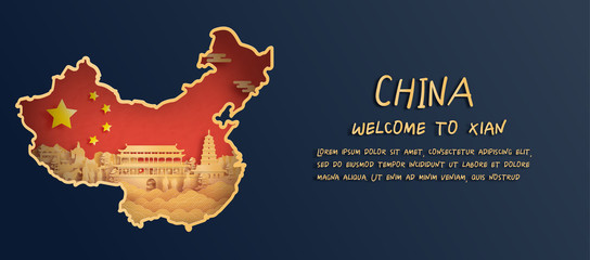 Fototapete - China flag and map with Xian skyline, world famous landmarks in paper cut style vector illustration