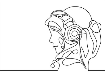 Wall Mural - beautiful girl with headphones- continuous line drawing