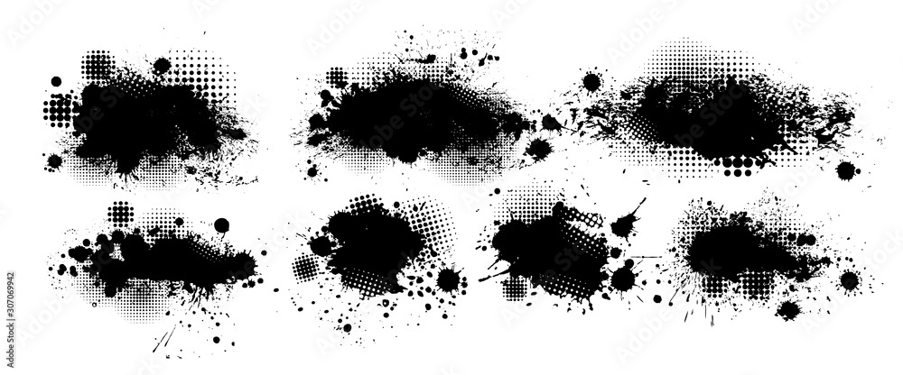 Set of blots. Black spots of paint on a white background. Grunge frame of paint. Vector illustration. - obrazy, fototapety, plakaty 