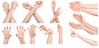 © Илья Подопригоров - Multiple images set female caucasian hands isolated white background showing different gestures. Collage of hands of a girl with manicure