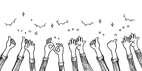 Wall Mural - doodle hands up,Hands clapping. applause gestures, thubs up. congratulation business. vector illustration