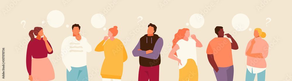 Group of cartoon thoughtful people. Problem solving and choice. Vector modern illustration. - obrazy, fototapety, plakaty 