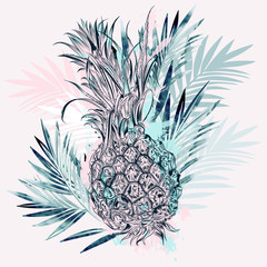 Wall Mural - Fashion vector tropical illustration with pineapple and palm leaves