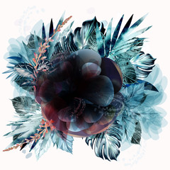 Poster - Fashion tropical vector illustration with palm leaves and ink spots