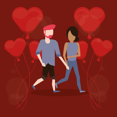 Wall Mural - cute interracial lovers with balloons helium floating