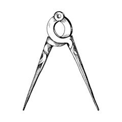 Ancient compass measuring instrument. Hand drawn sketch. Element of decorating an old geographical map.