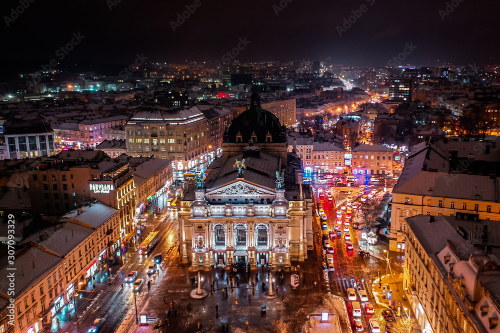 Aerial view on Lviv Opera at night from drone - obrazy, fototapety, plakaty 