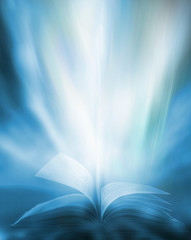 Poster - An ancient book that opens with magic, the magic light in the darkness on the wooden table, by the bright light shining down as the power to search for knowledge, religion and background