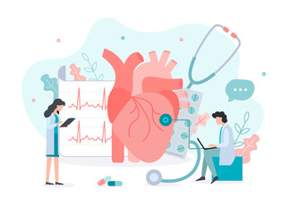 Wall Mural - The doctor is doing an electrocardiogram. Medicine heart health concept with tiny people. Flat vector illustration.