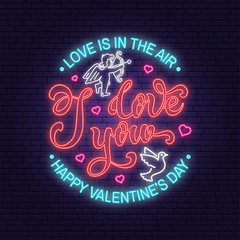 Wall Mural - Happy Valentines Day neon greetings card, flyers, poster. Stamp, badge, sticker, card with angel, birds and heart with arrows. Vector. Valentines Day neon bright signboard, light banner