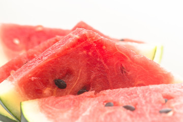 Cut watermelon into cubes and place on a white background