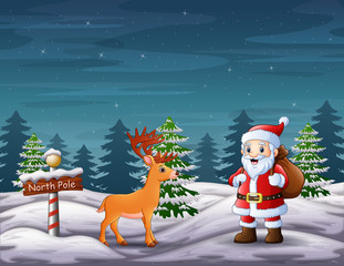 cartoon santa claus and deer in north pole