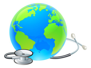 Sticker - Conceptual illustration of the earth with a stethoscope wrapped around it.