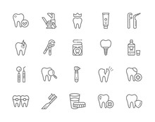 Set Of Dentistry Line Icons. Toothpaste, Implant, Mouthwash, Toothbrush And More